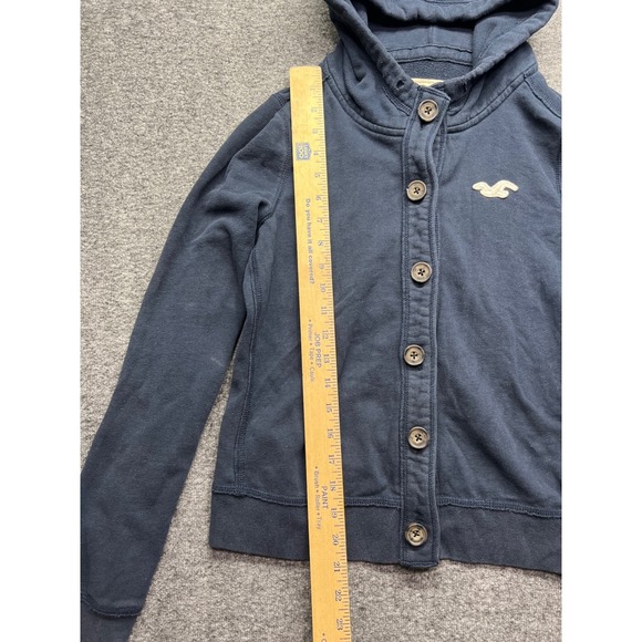 Hollister Hoodie Women Medium Navy Blue Button Front Logo Sleeve Sweatshirt - Picture 9 of 16